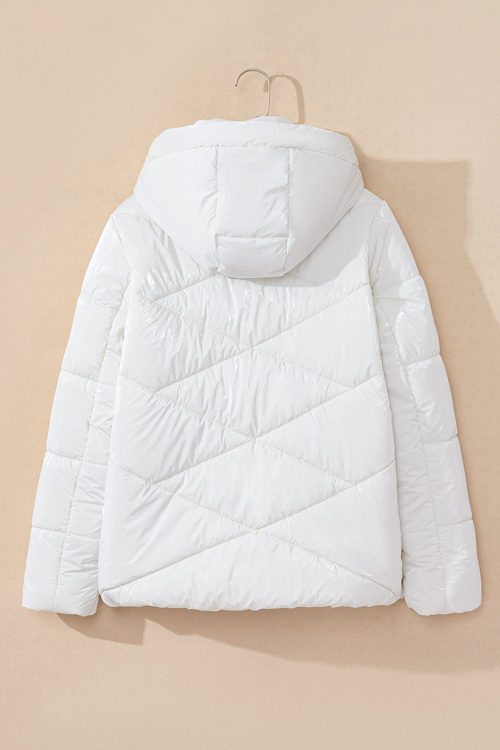 White Solid Quilted Hooded Zip Up Puffer Coat - Viraxa