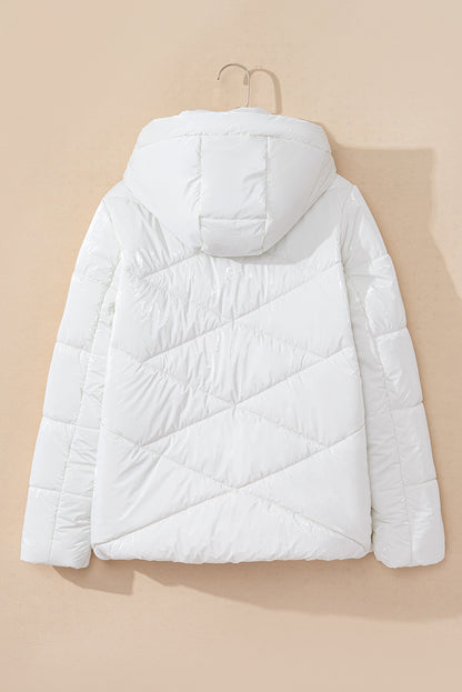 White Solid Quilted Hooded Zip Up Puffer Coat - Viraxa