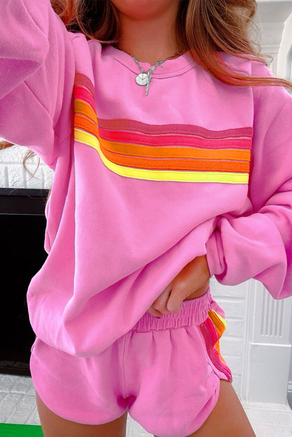 Bonbon Striped Accent Pullover and Shorts Two Piece Casual Set - Viraxa