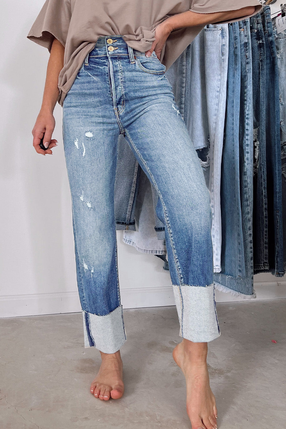 Sky Blue High Waist Distressed Straight Leg Jeans - Viraxa