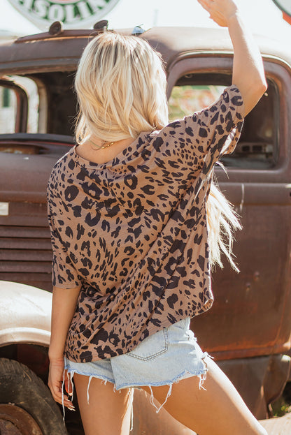 Brown Leopard Print V Neck Half Sleeve Oversized Tee - Viraxa