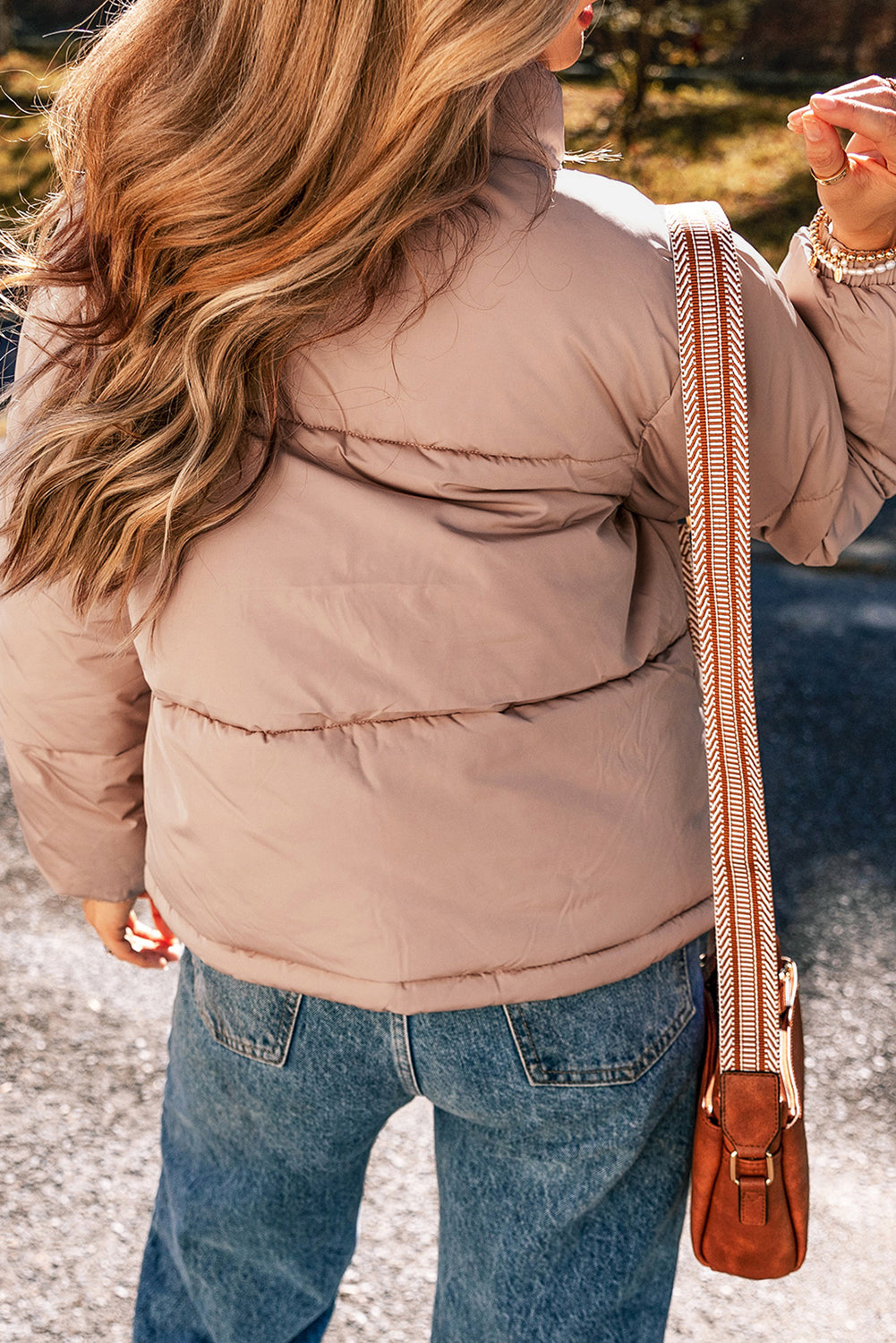 Apricot Pink Full Zipper Quilted Puffer Jacket - Viraxa