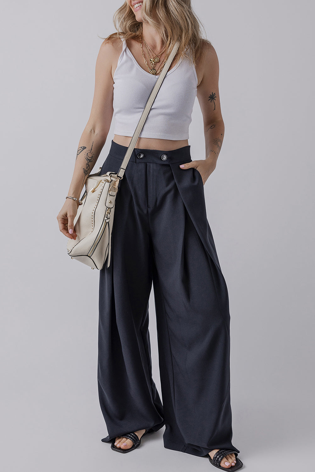 Dirty blue Dual Buttoned High Waist Pleated Wide Leg Pants - Viraxa