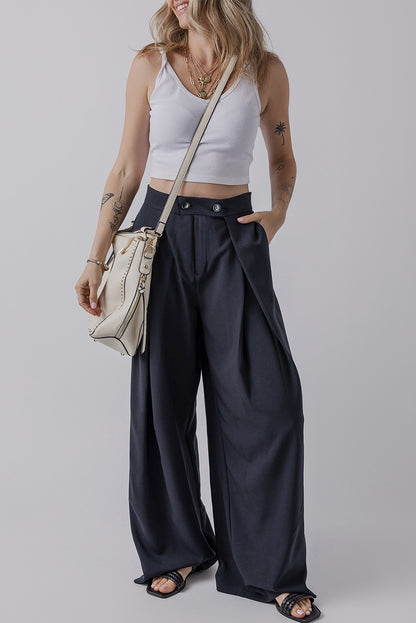 Dirty blue Dual Buttoned High Waist Pleated Wide Leg Pants - Viraxa