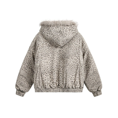 American Street Fashion Mountain Carving Leopard Print Hooded Cotton Coat Jacket