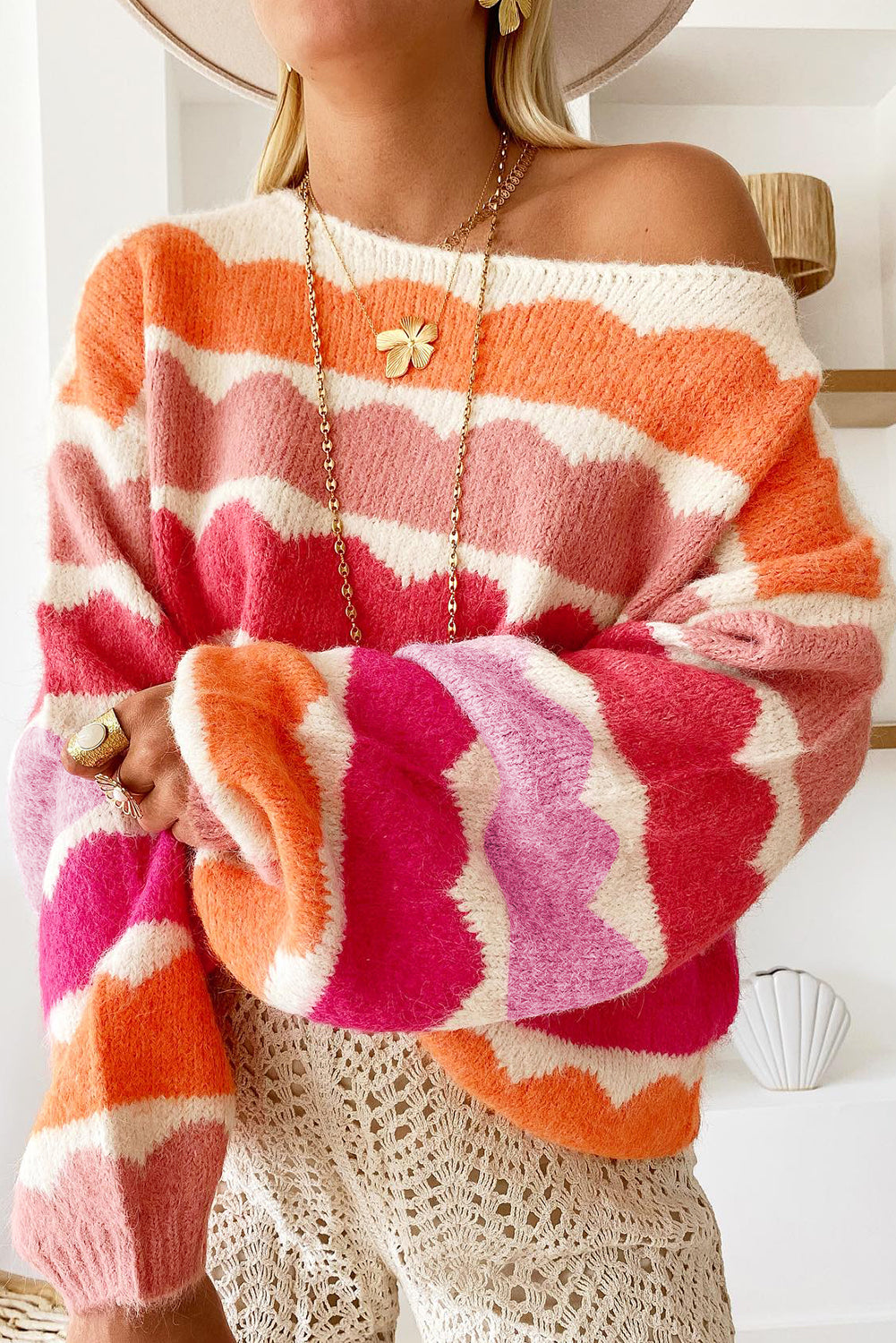 Rose Red Wave Striped Balloon Sleeve Drop Shoulder Sweater - Viraxa