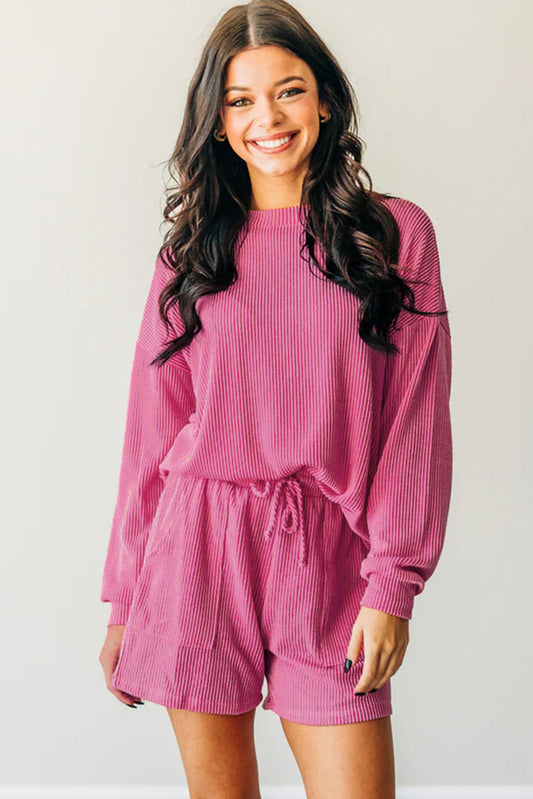 Strawberry Pink Corded Textured Long Sleeve Top and Shorts Set - Viraxa