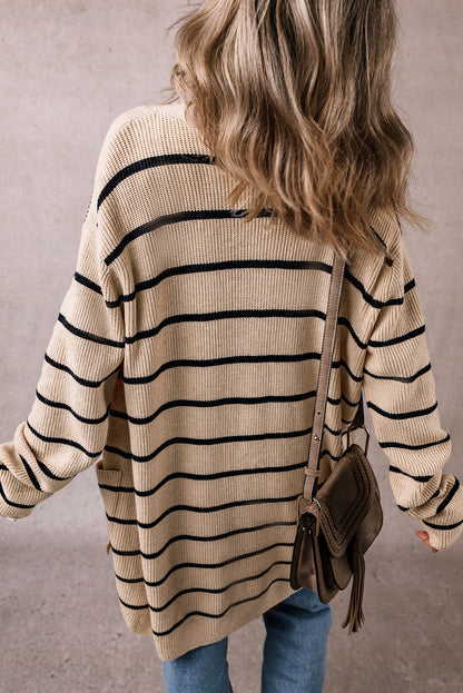 Black Stripe Shawl Neckline Open Cardigan with Pockets - Viraxa