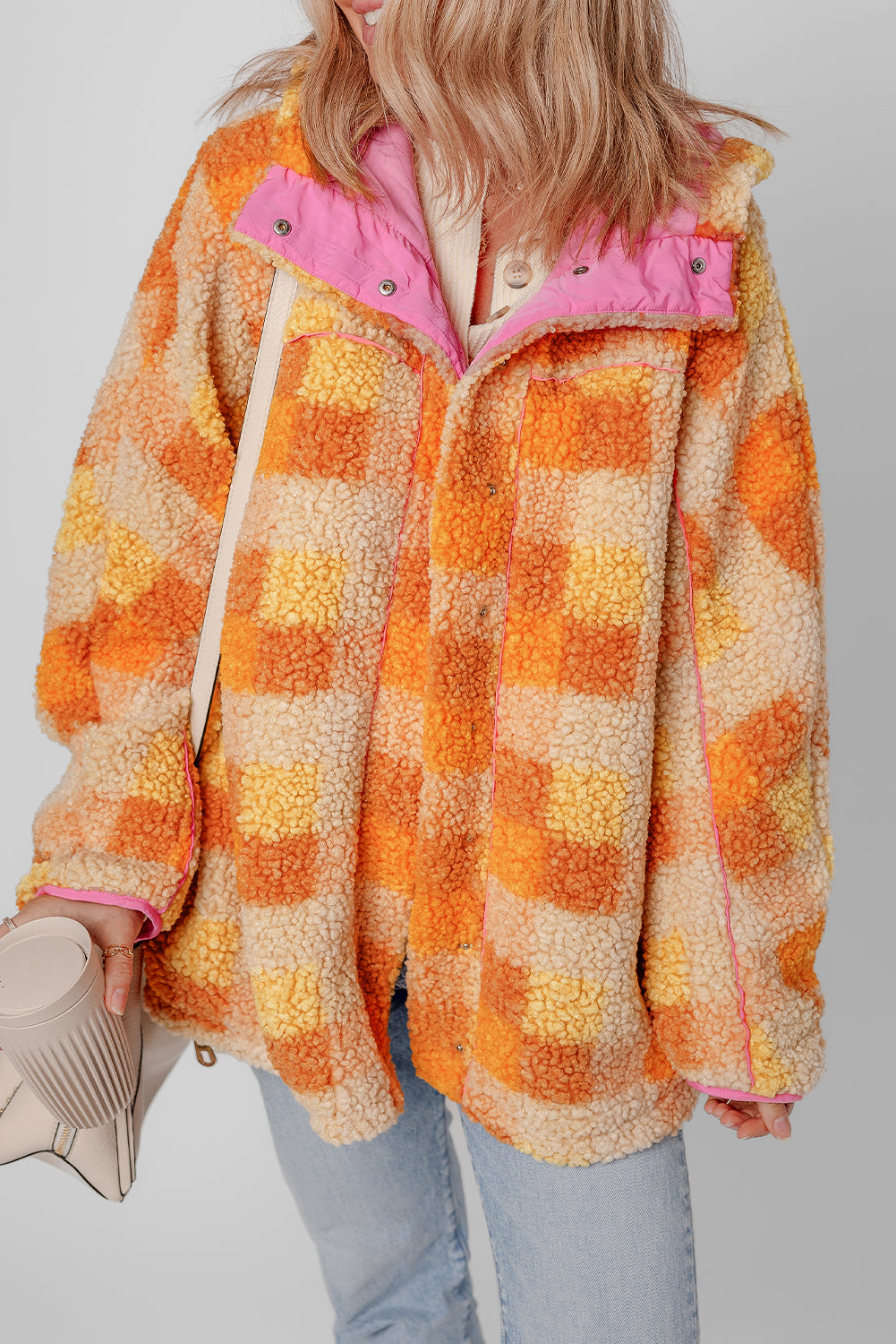 Orange Checkered Sherpa Hooded Jacket - Viraxa