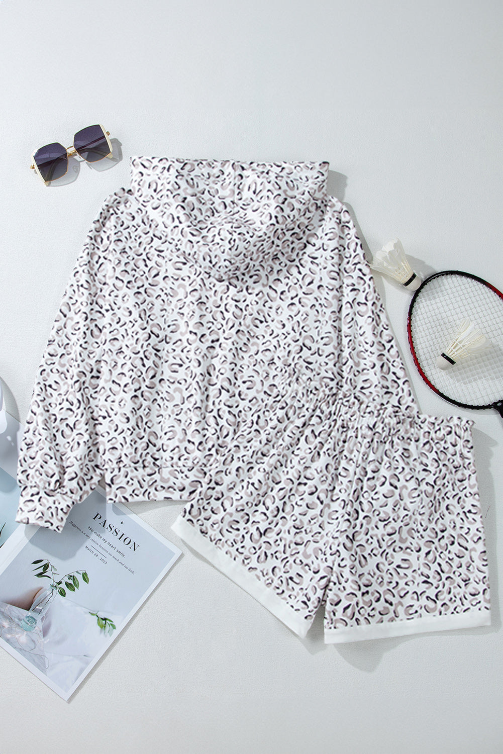 White Classic Leopard Hoodie and Shorts Set - Viraxa