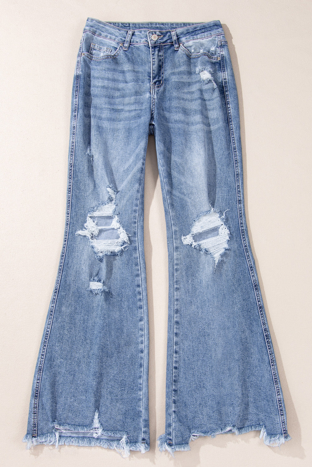 Dusk Blue High Rise Ripped Distressed Hem Flared Jeans - Viraxa