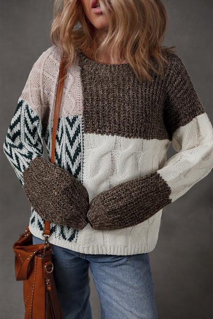 Brown Color Block Patchwork Knotted Back Loose Fit Sweater - Viraxa