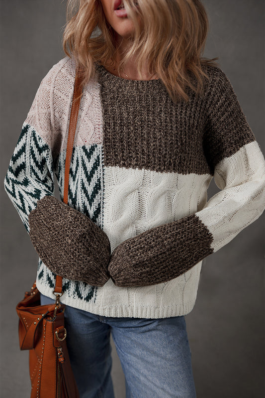 Brown Color Block Patchwork Knotted Back Loose Fit Sweater - Viraxa