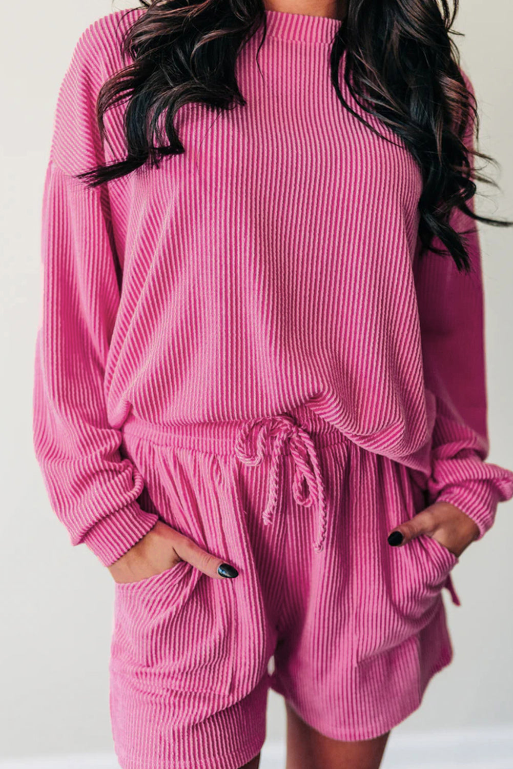 Strawberry Pink Corded Textured Long Sleeve Top and Shorts Set - Viraxa