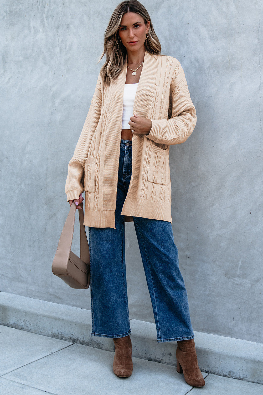 Parchment Oversize Chunky Cable Knit Open Front Midi-length Cardigan - Viraxa