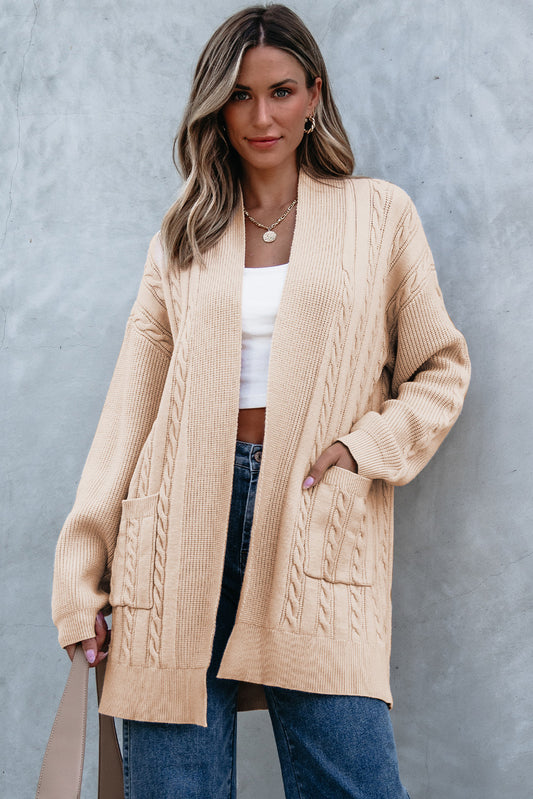 Parchment Oversize Chunky Cable Knit Open Front Midi-length Cardigan - Viraxa