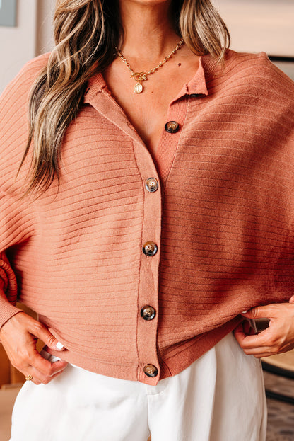 Apricot Pink Wide Rib Knit Button Front Dolman Sleeve Sweater Cardigan - Viraxa