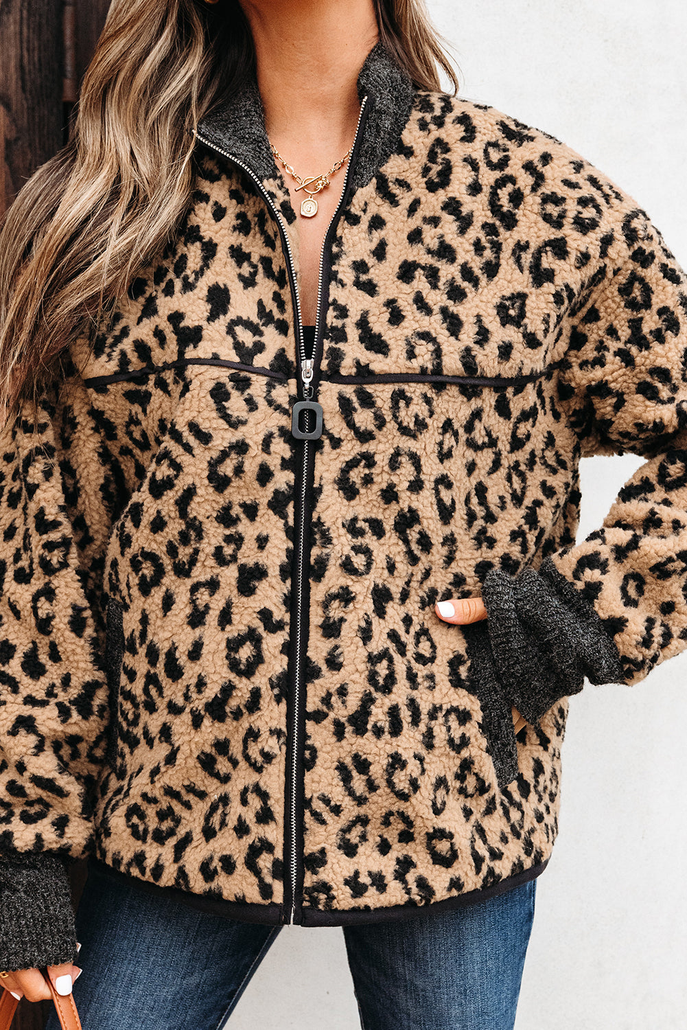 Khaki Leopard Print Zip Up Stand Neck Side Pocket Jacket - Viraxa