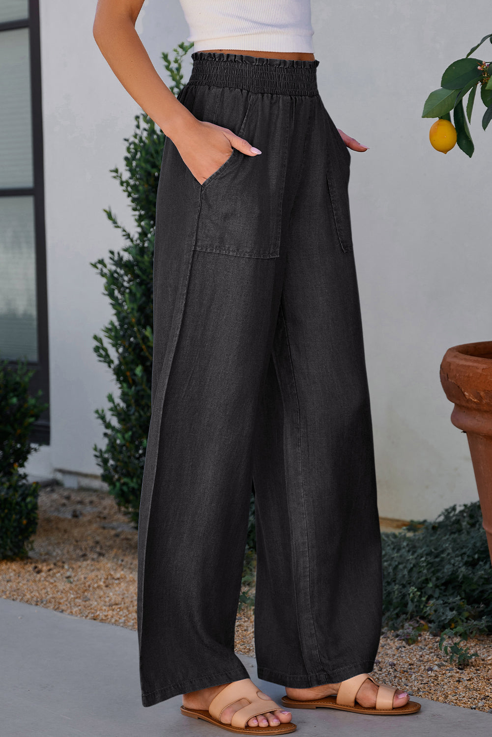 Black Side Pockets Frilled Smocked High Waist Wide Leg Jeans - Viraxa