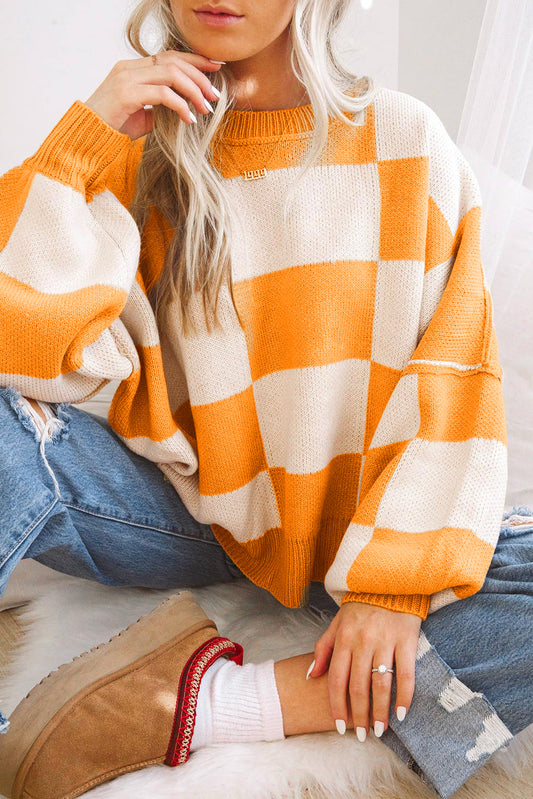 Orange Checkered Bishop Sleeve Sweater - Viraxa