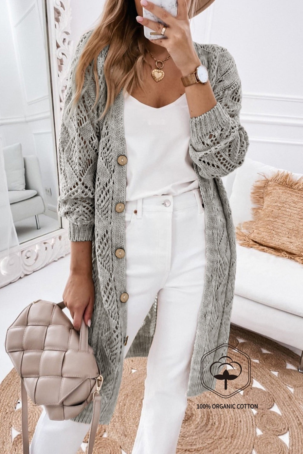 Gray Hollow-out Openwork Knit Cardigan