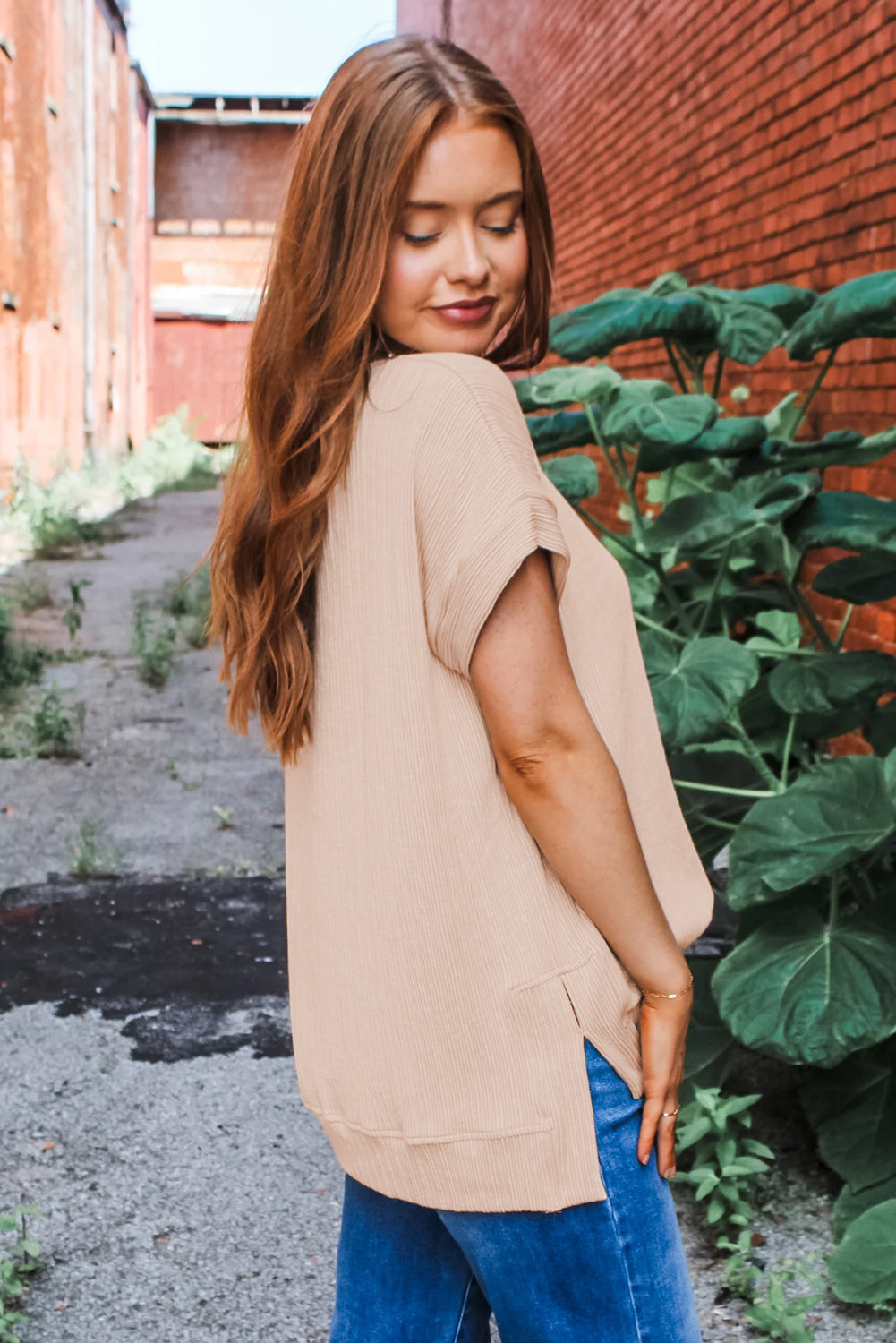 Jet Stream Textured Knit Round Neck Short Sleeve Top - Viraxa