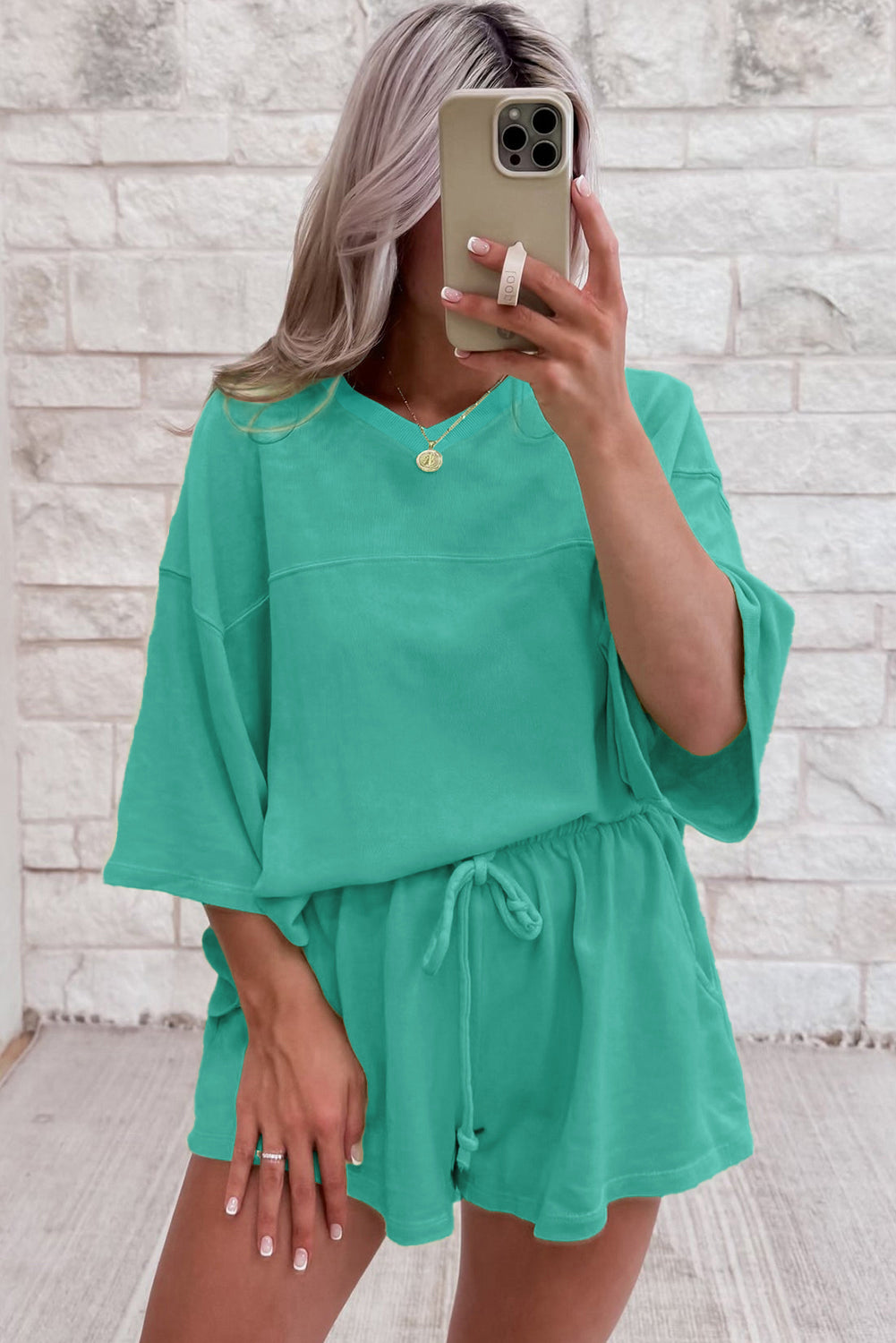 Sea Green Solid Loose V Neck Half Sleeve Tee and Shorts - Viraxa