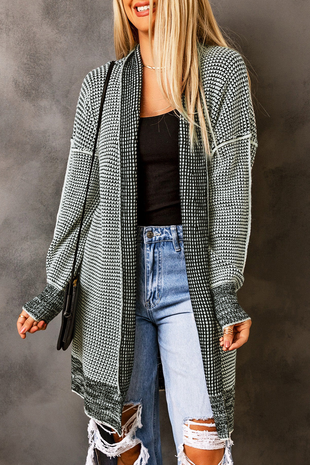 Gray Plaid Knitted Long Open Front Cardigan - Viraxa