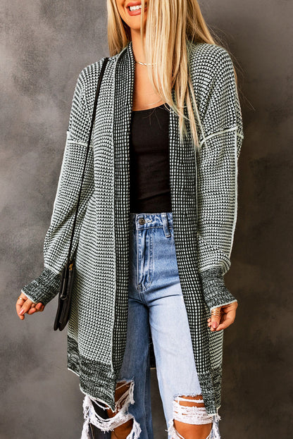 Gray Plaid Knitted Long Open Front Cardigan - Viraxa