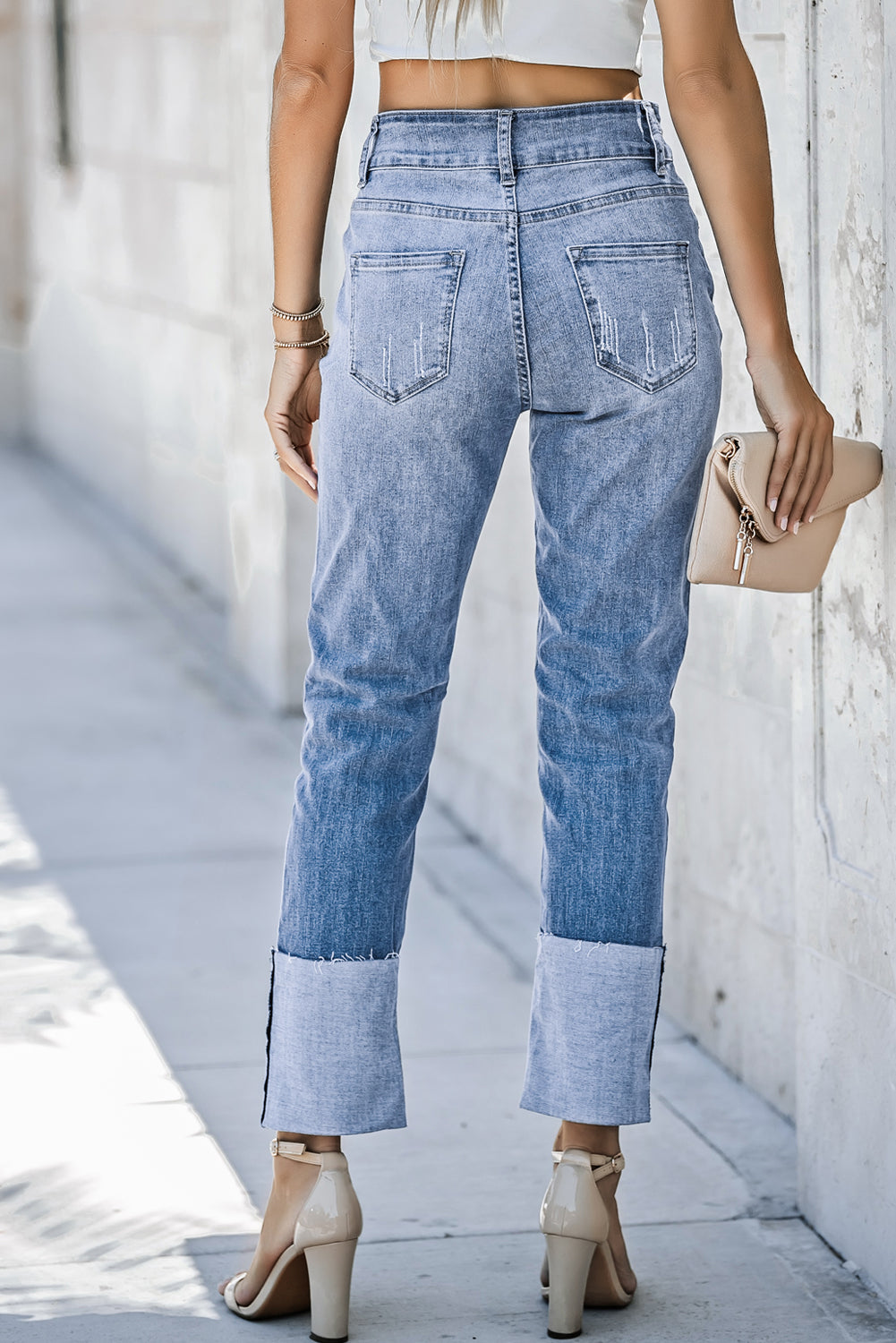 Sky Blue High Waist Distressed Straight Leg Jeans - Viraxa
