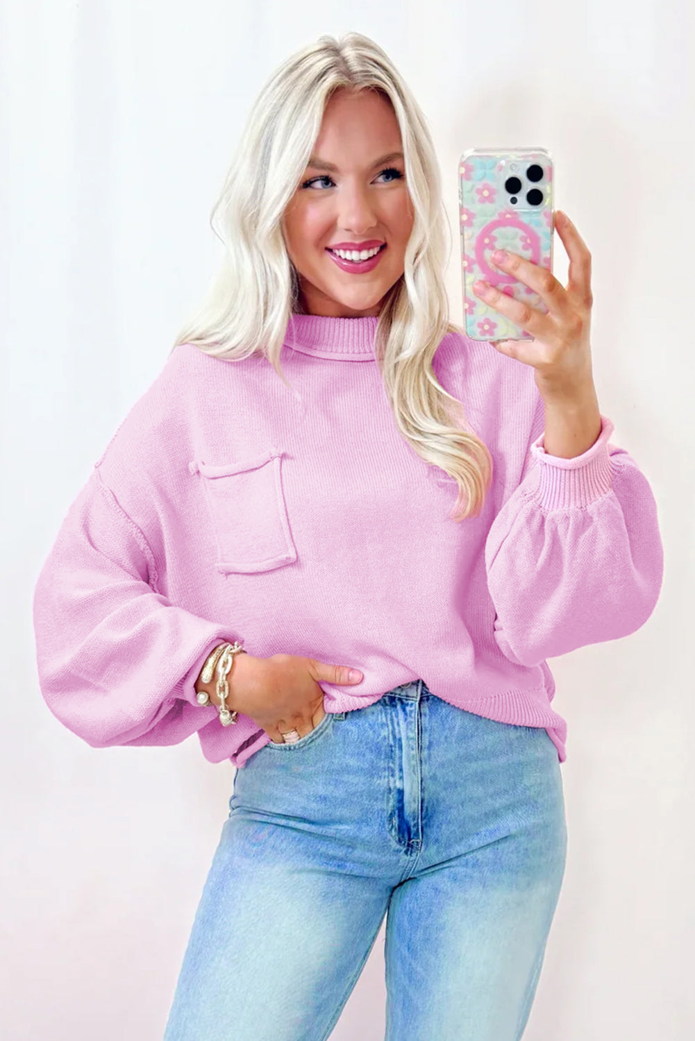 Pink Raw Edge Ribbed Detail Drop Shoulder Sweater - Viraxa
