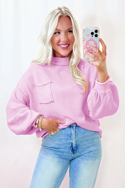 Pink Raw Edge Ribbed Detail Drop Shoulder Sweater - Viraxa