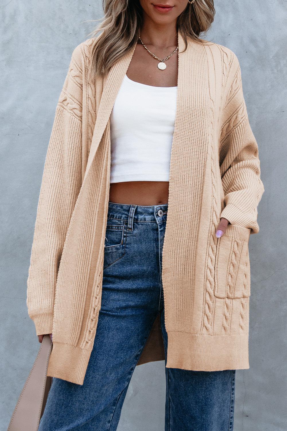 Parchment Oversize Chunky Cable Knit Open Front Midi-length Cardigan - Viraxa