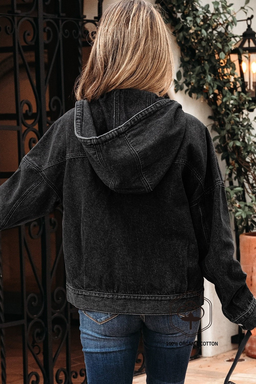 Black Big Chest Pocket Drop Shoulder Hooded Denim Jacket - Viraxa