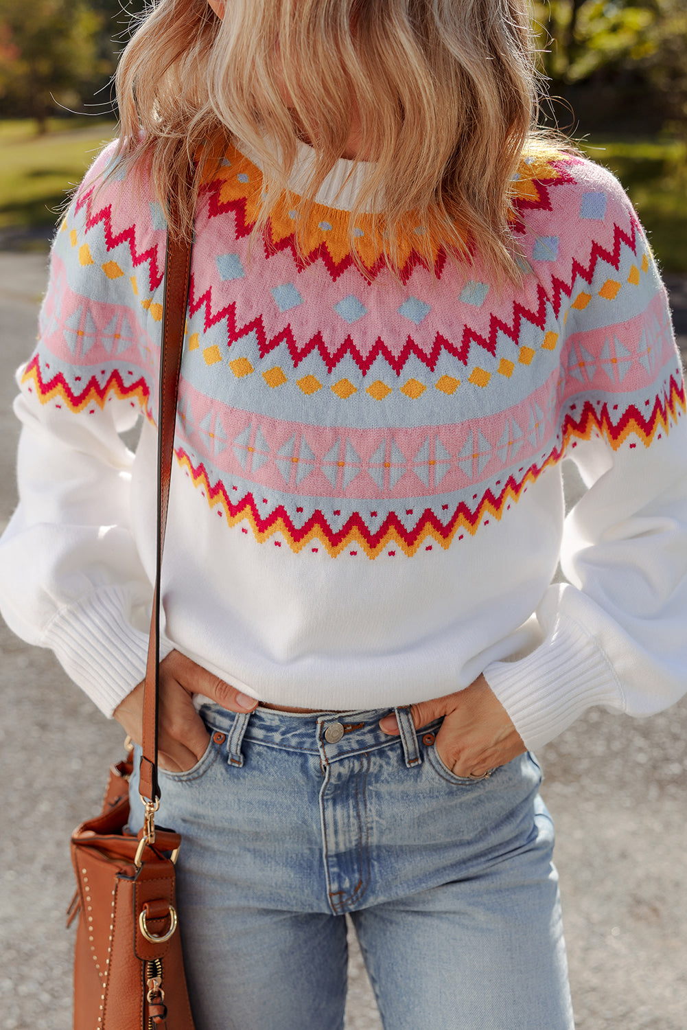White Ethnic Geometric Colorblock Print Drop Shoulder Sweater - Viraxa