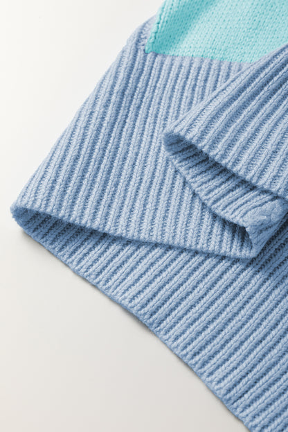 Light Blue Checkered Color Block Crew Neck Short Sleeve Sweater - Viraxa