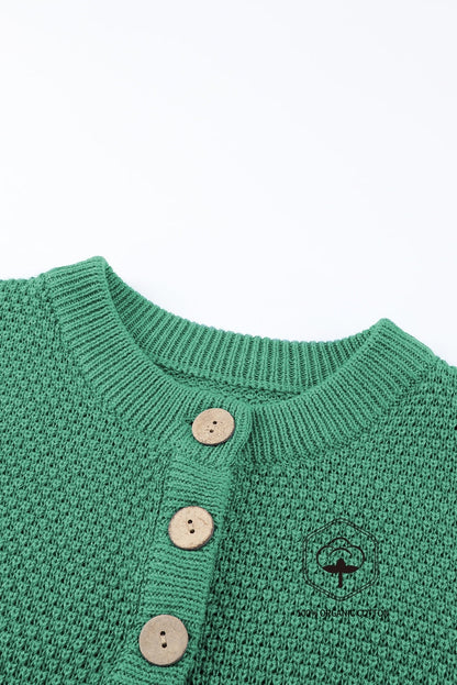 Green Henley Pullover Drop Shoulder Sweater with Slits