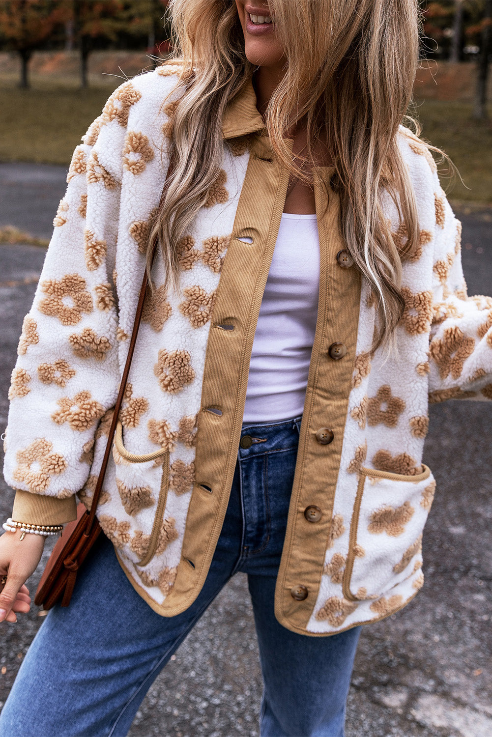 Light French Beige Cute Flower Pattern Button Up Fleece Jacket - Viraxa