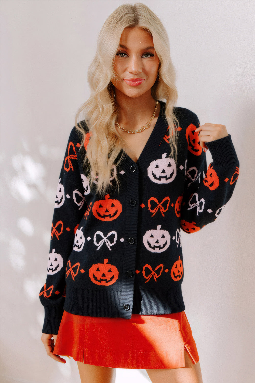 Black Halloween Pumpkin Bow Knit Button V Neck Sweater Cardigan - Viraxa