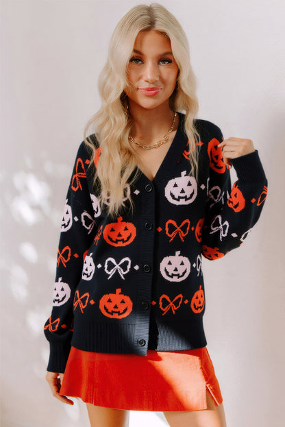 Black Halloween Pumpkin Bow Knit Button V Neck Sweater Cardigan - Viraxa