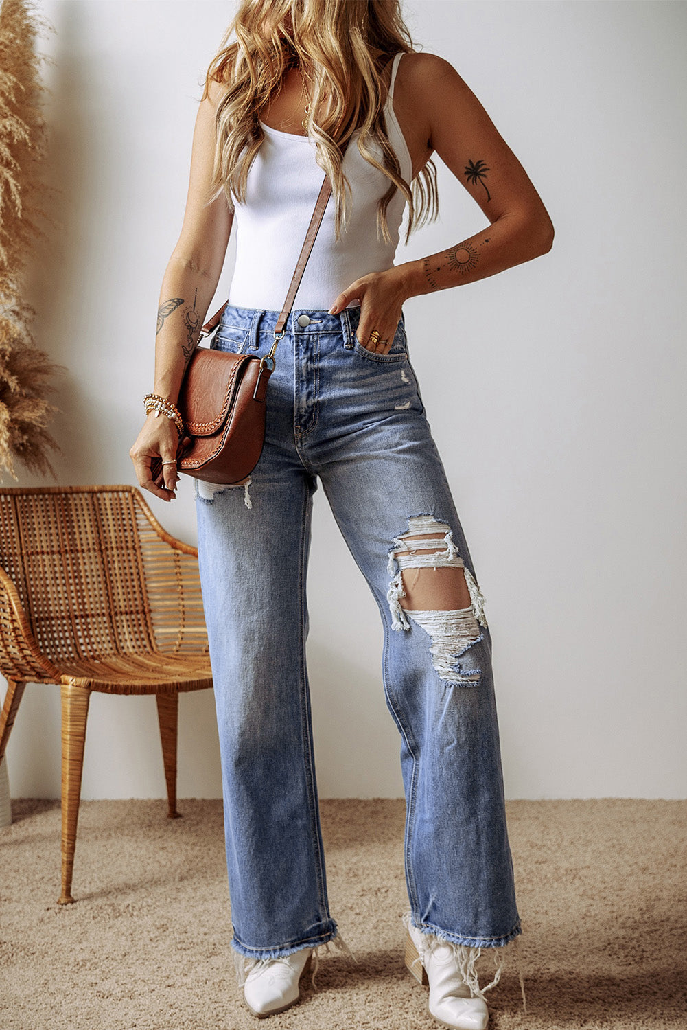 Ashleigh Blue Distressed Raw Hem Straight Leg High Waist Jeans - Viraxa