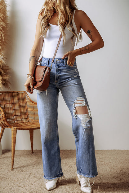Ashleigh Blue Distressed Raw Hem Straight Leg High Waist Jeans - Viraxa