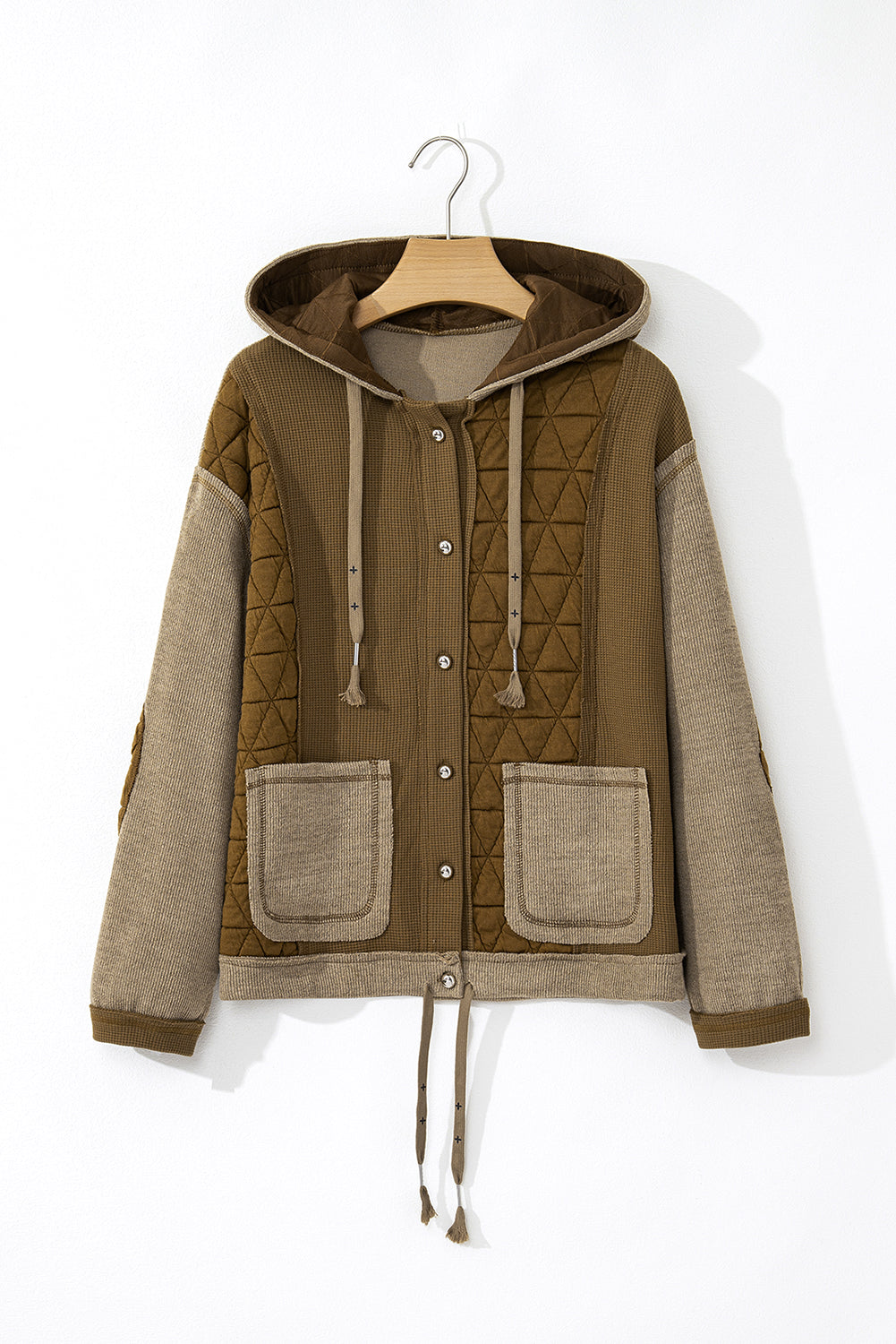 Jungle Green Quilted Textured Patchwork Loose Fit Hooded Jacket - Viraxa