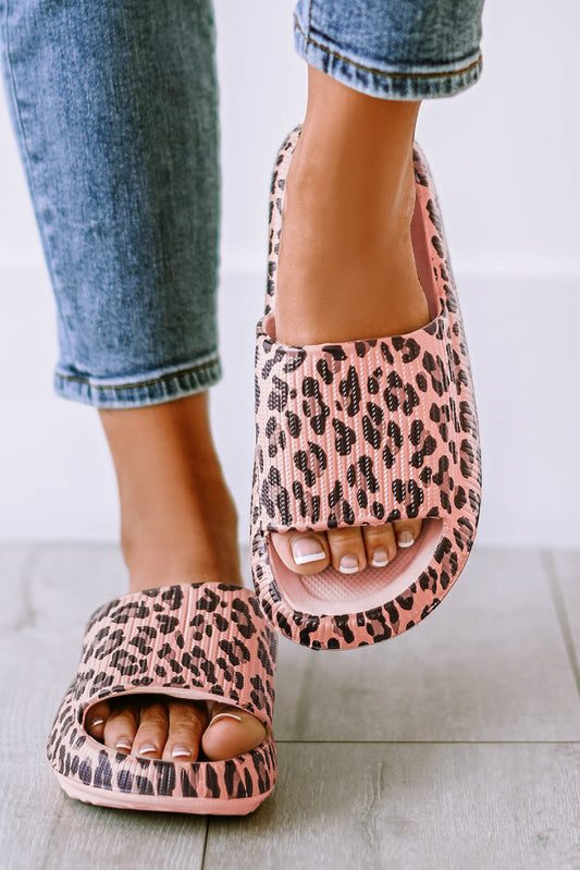 Pink Leopard Print Thick Sole Slip On Slippers - Viraxa
