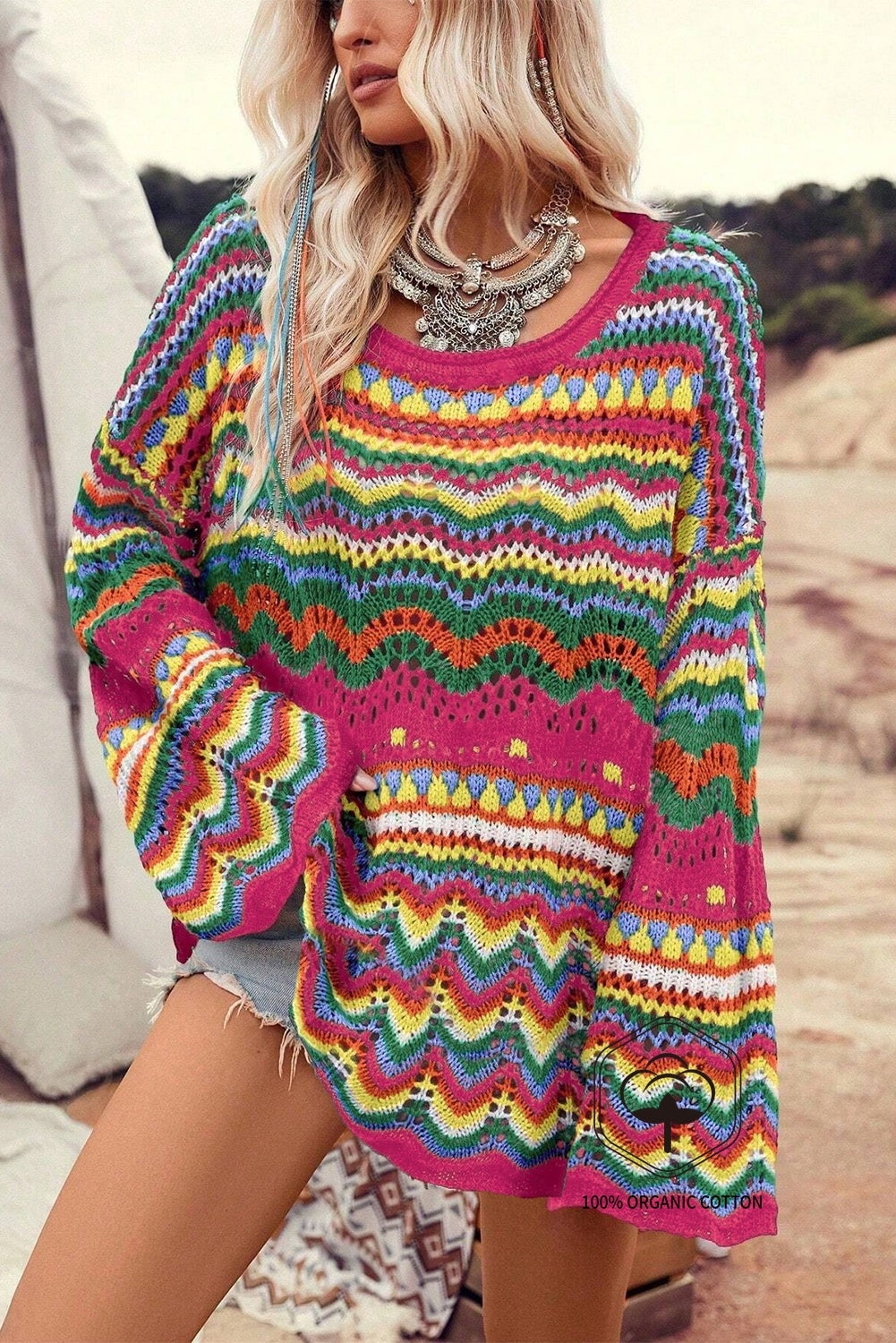 Rose Red Colorblock Striped Hollowed Knit Loose Sleeve Sweater