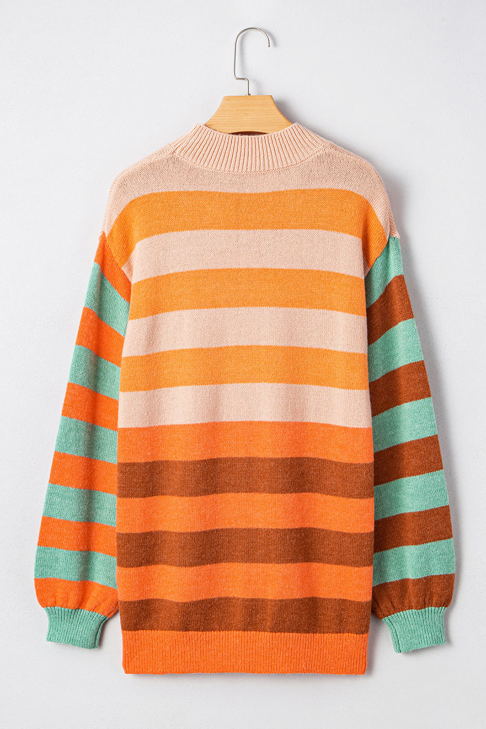 Orange Stripe Color Block High Neck Drop Shoulder Cozy Sweater - Viraxa