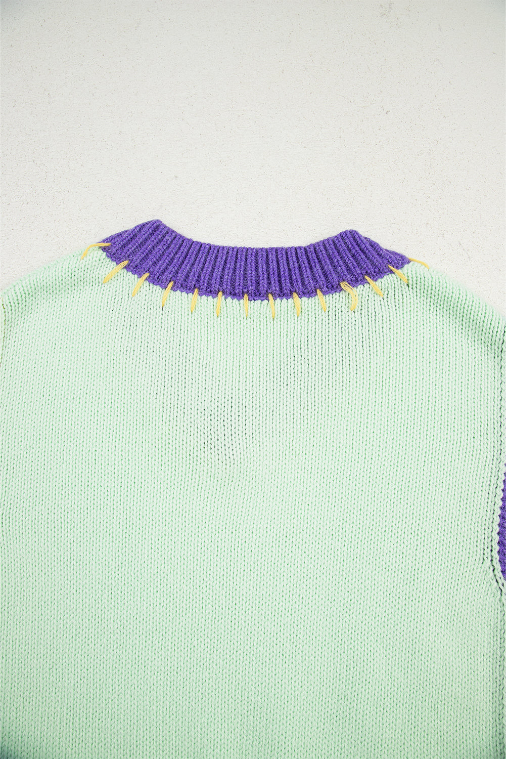 Green Stitched V Neck Color Block Knitted Drop Shoulder Sweater - Viraxa