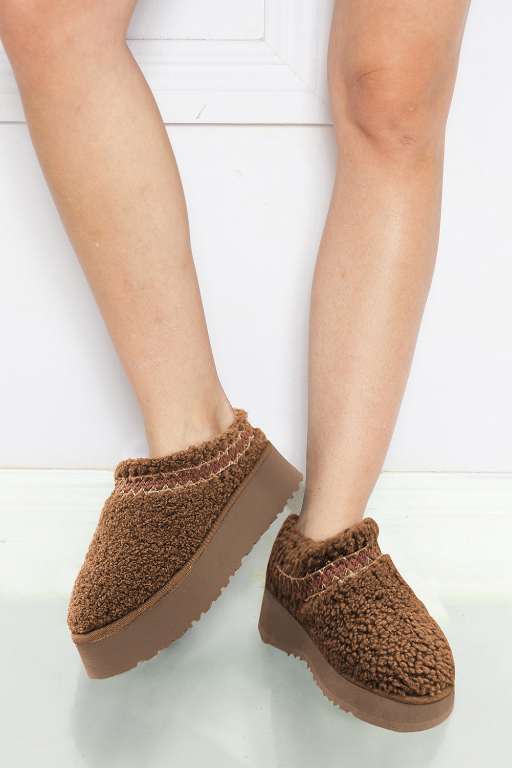 Chestnut Embroidered Sherpa Plush Thick Sole Snow Boots - Viraxa
