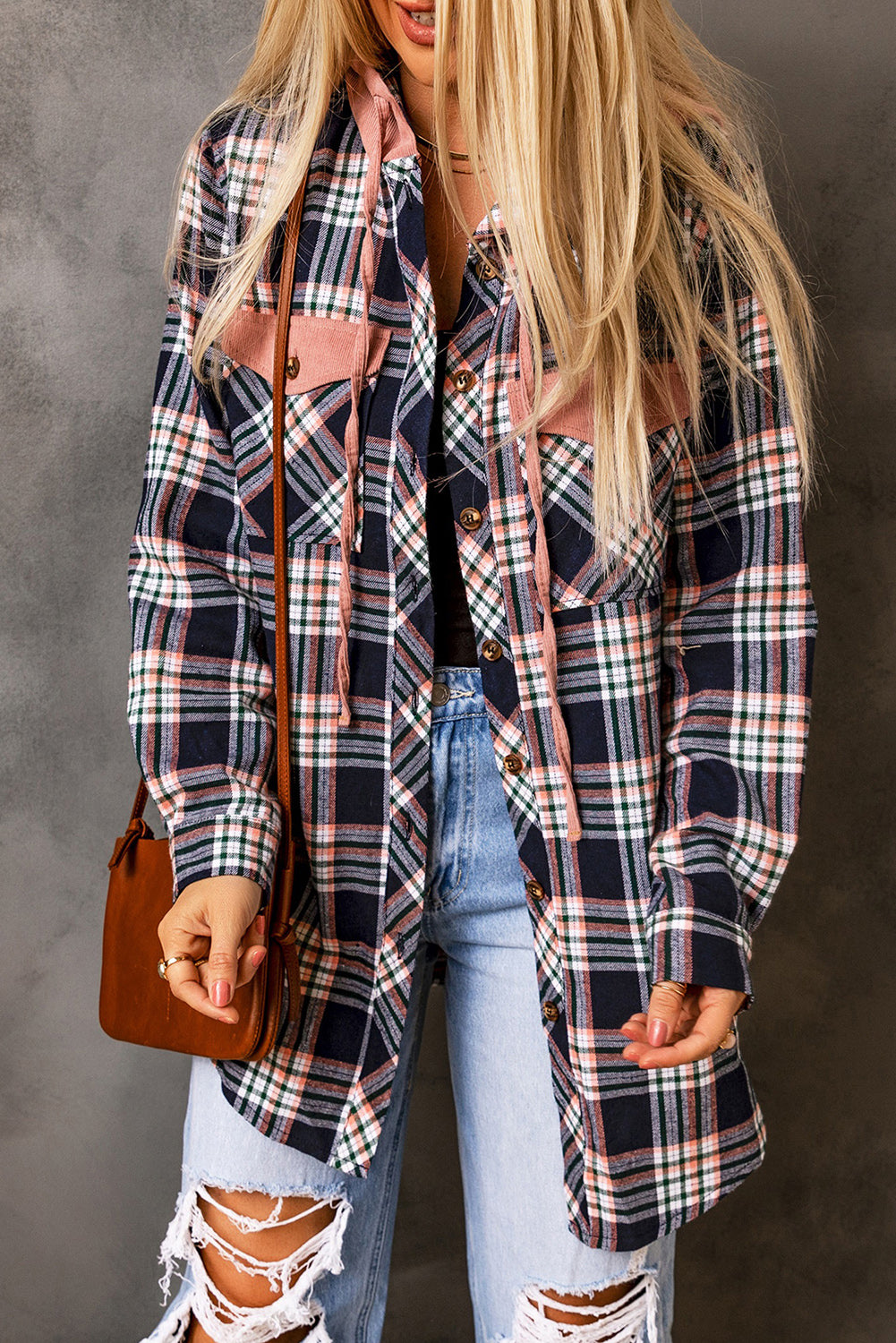 Pink Contrast Hooded Drawstring Plaid Shacket - Viraxa