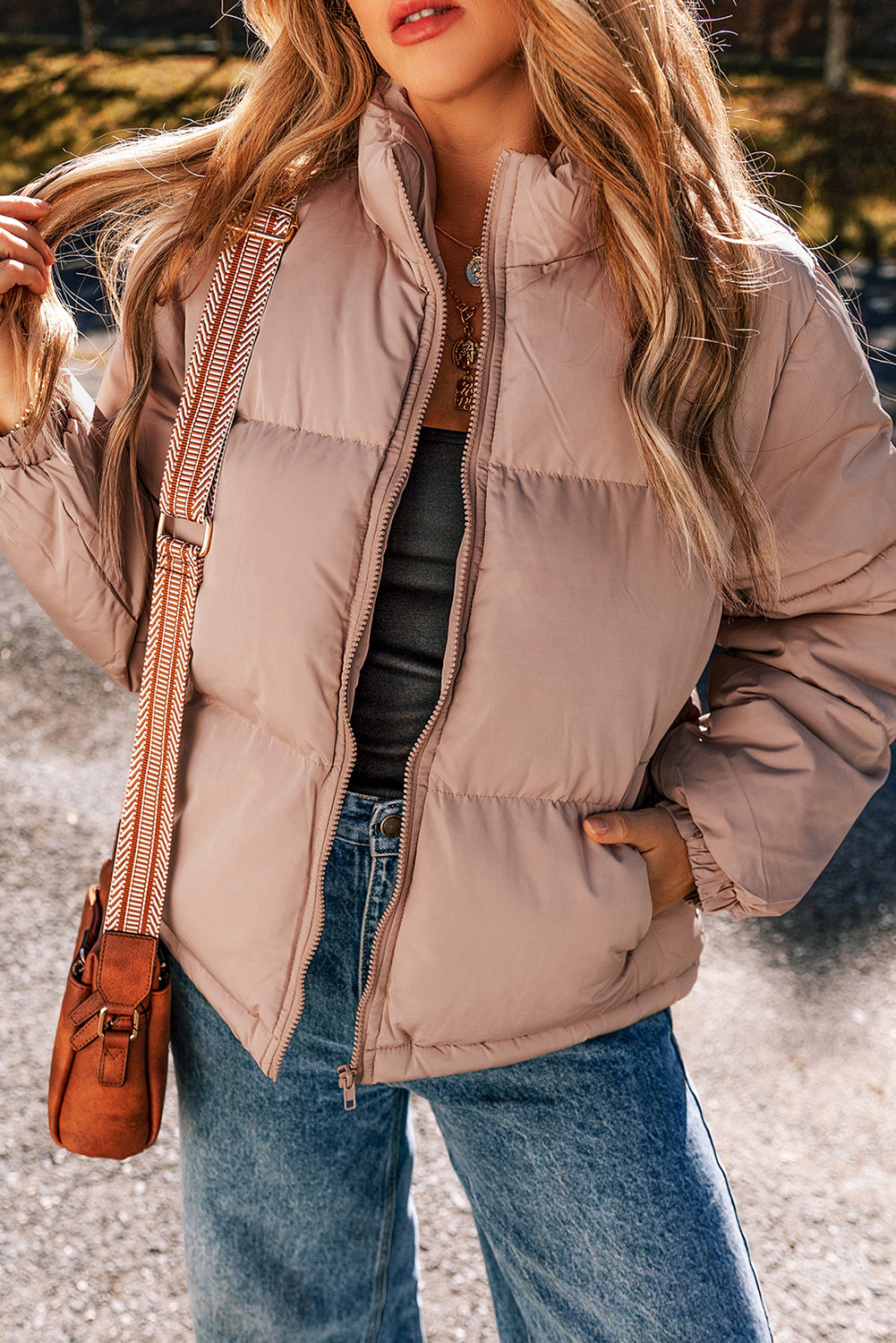 Apricot Pink Full Zipper Quilted Puffer Jacket - Viraxa